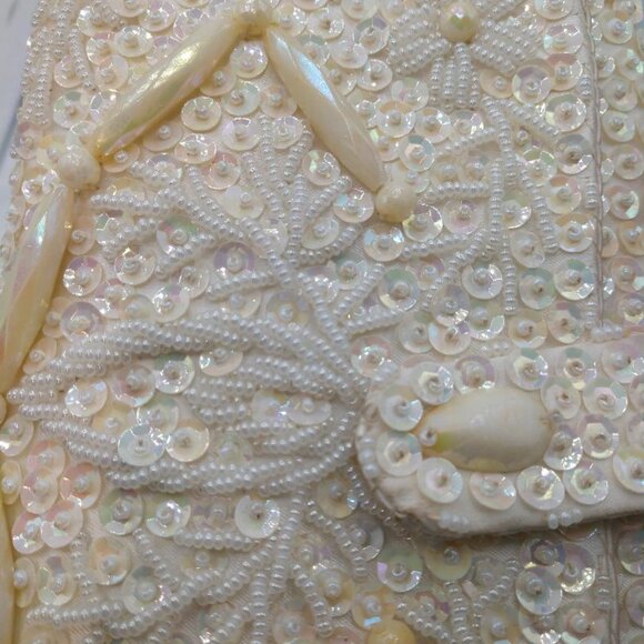Vintage 60s Clutch/Purse Opalescent Beaded Sequin White Satin Handbag - Picture 4 of 6
